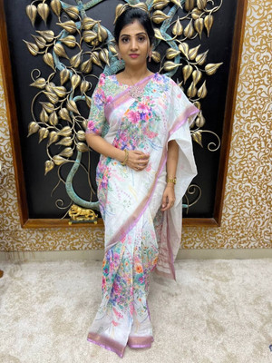 HouseOfCommon Printed Chanderi Linen Saree(Multicolor)