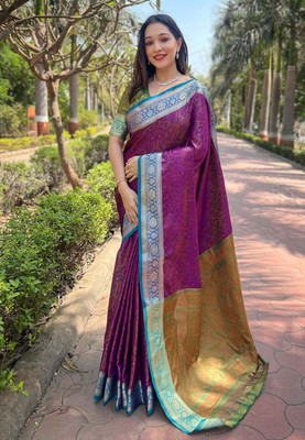 all about you Woven Bollywood Silk Blend Saree(Purple)
