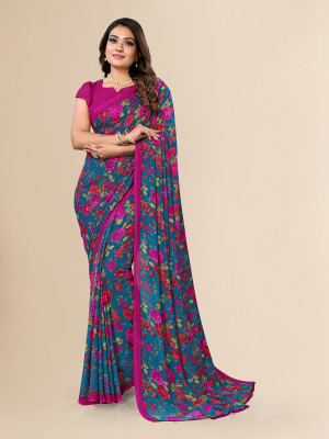 kashvi sarees Floral Print Daily Wear Georgette Saree(Dark Green, Pink)