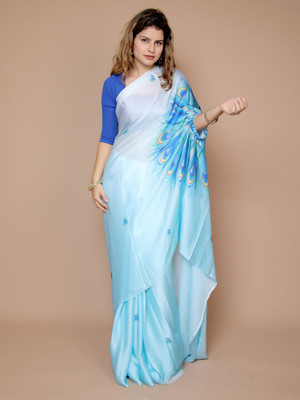 ANOUK Printed Saree with Attached Blouse Satin Saree(Blue)