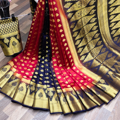 HouseOfCommon Woven Kanjivaram Nylon Saree(Red, Dark Blue)
