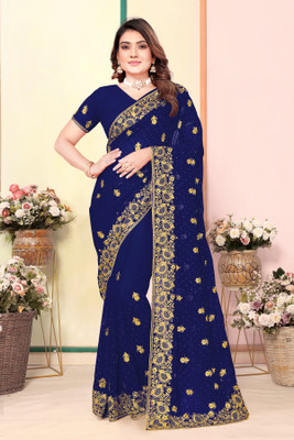 KHRITI FAB Embroidered Bollywood Georgette Saree(Blue)