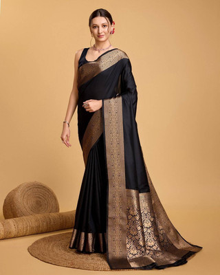 SAAGPAN Solid/Plain Banarasi Cotton Silk Saree(Black)