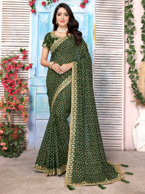 Divastri Embellished Bandhani Silk Blend Saree(Green)