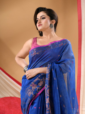 Desh Bidesh Self Design Bollywood Cotton Silk Saree(Blue)
