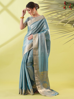 VILLAGIUS Woven, Embellished Kanjivaram Pure Silk, Silk Blend Saree(Light Blue)