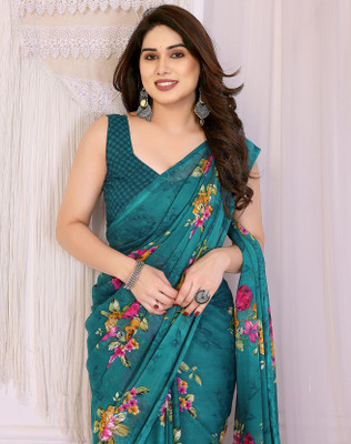 YASHIKA Floral Print Daily Wear Georgette Saree(Blue)