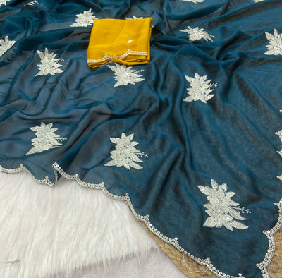 bhavika silk mills Embroidered, Floral Print Bollywood Georgette Saree(Dark Blue)