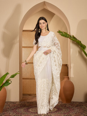 Sangria Embroidered Kalamkari Net Saree(White)
