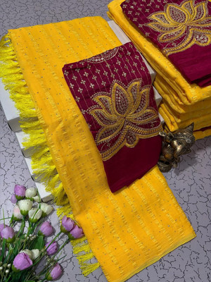 Pfancy silk Embellished, Embroidered, Floral Print, Striped, Self Design, Woven Kanjivaram Polyester Saree(Yellow)