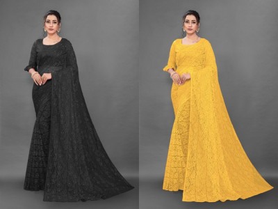 Fashion Field Self Design Bollywood Net Saree(Pack of 2, Black, Yellow)