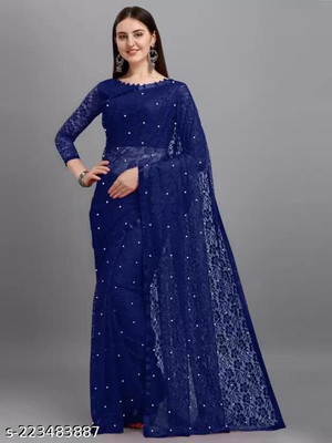 LIRTOZ Floral Print Bollywood Net Saree(Blue)