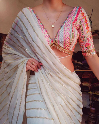 JOVTY Embellished Bollywood Georgette Saree(White)