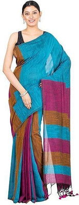 BongAp Striped Handloom Cotton Blend Saree(Multicolor)