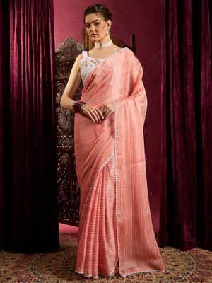 Sareemall Striped Bollywood Chiffon Saree(Pink)