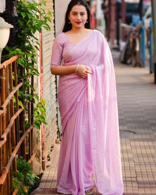 V And V Shop Striped Bollywood Chiffon Saree(Pink)