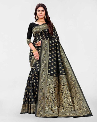 Pari Prints Digital Print Banarasi Cotton Silk, Jacquard Saree(Black)