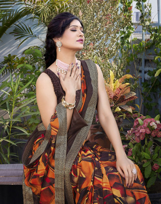 YASHIKA Printed Bollywood Georgette, Lace Saree(Brown)