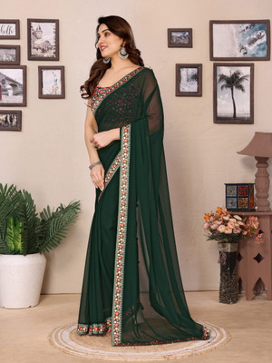 supremesarees Solid/Plain Saree with Attached Blouse Georgette Saree(Green)