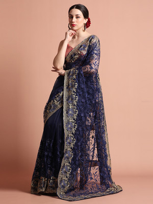 Jaipur Kurti Embroidered Bollywood Net Saree(Blue)