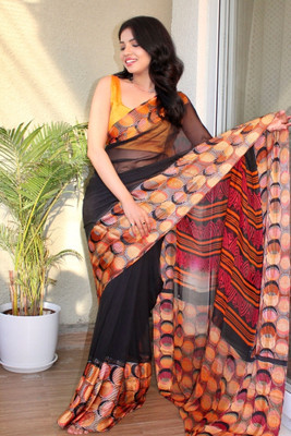 Sanwariya Silks Printed Daily Wear Georgette Saree(Black, Orange)