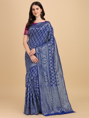 Fanla Floral Print Banarasi Cotton Silk Saree(Blue)