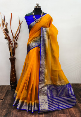 BHOLEBABA CREATION Solid/Plain Bollywood Organza Saree(Yellow)