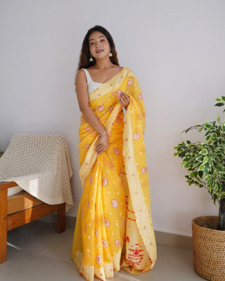 MIRMAN Woven Kanjivaram Pure Cotton Saree(Yellow)