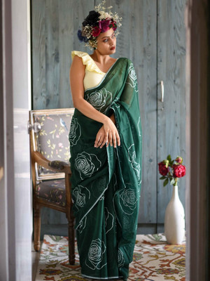 PHEASANT Digital Print Bollywood Cotton Linen Saree(Green)