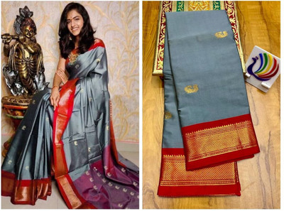 EBAAD TEXTILE Woven Paithani Cotton Silk Saree(Grey, Red)