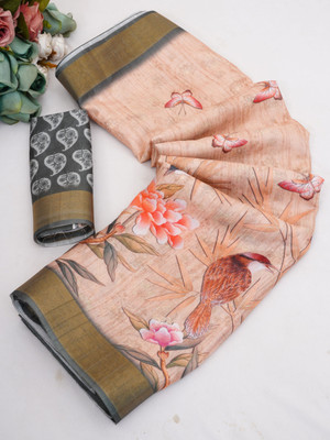 SRCRIATION Printed, Floral Print, Animal Print Bollywood Chanderi Saree(Beige, Grey, Multicolor)