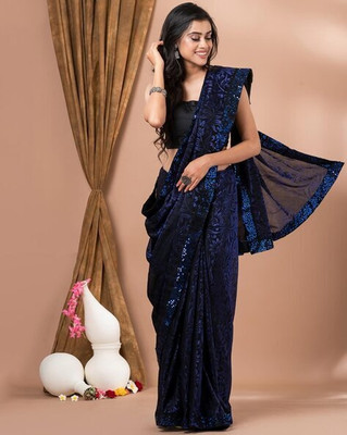 Vraggi Floral Print Bollywood Lycra Blend Saree(Dark Blue)