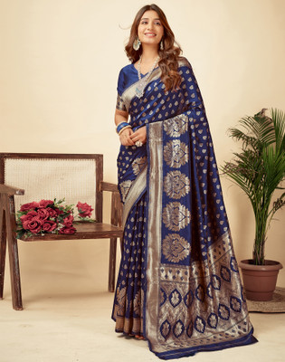 Samah Woven, Embellished Banarasi Silk Blend, Jacquard Saree(Dark Blue, Gold)