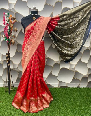 AAGIRI Applique, Self Design, Floral Print, Embellished, Woven Banarasi Jacquard, Art Silk Saree(Red)