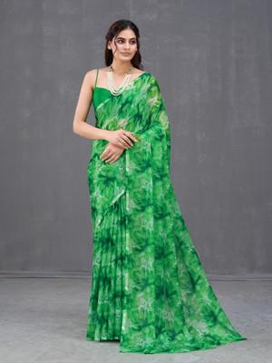 GARDEN VARELI Floral Print Bollywood Chiffon Saree(Green)