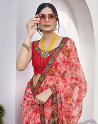 YASHIKA Printed Bollywood Georgette, Lace Saree(Pink)