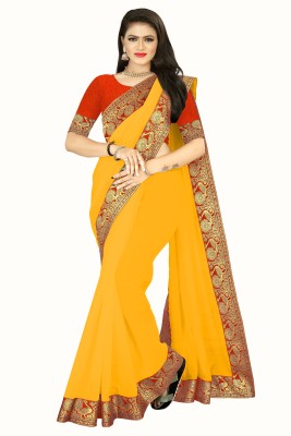 Volmina Solid/Plain Chanderi Cotton Blend Saree(Yellow)