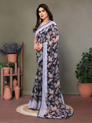 Laxmi Fashion Printed, Floral Print Assam Silk Jacquard, Cotton Silk Saree(Grey, White)