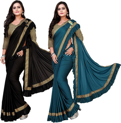 DECOFIN Woven, Solid/Plain Bollywood Lycra Blend Saree(Pack of 2, Light Blue, Black)