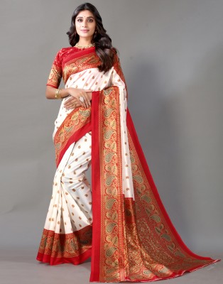 Divastri Geometric Print, Printed, Self Design Kanjivaram Silk Blend, Art Silk Saree(White, Red)