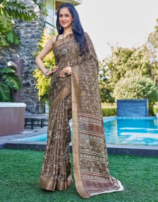 Samah Woven, Embellished, Printed Bollywood Art Silk, Silk Blend Saree(Brown, Cream, Multicolor)