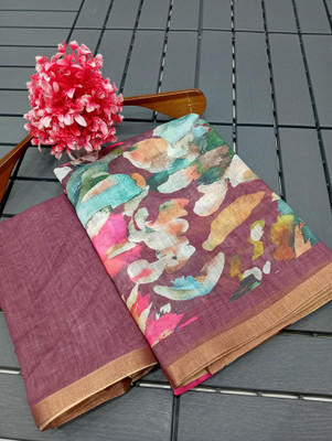 VISHNU Printed Kanjivaram Pure Cotton, Cotton Linen Saree(Maroon)