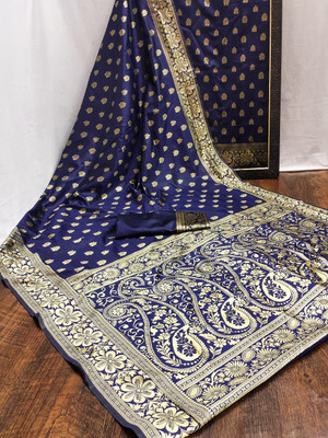 GajGajra Self Design, Embellished, Woven Banarasi Cotton Silk, Silk Blend Saree(Dark Blue)