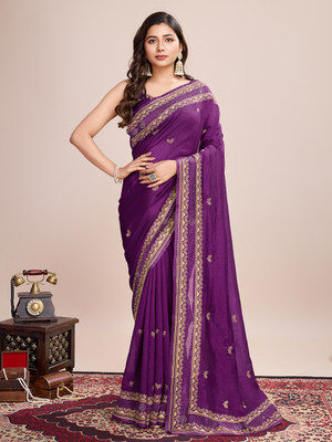 VERAFASHION Embroidered Bollywood Cotton Silk Saree(Purple)