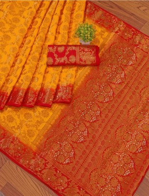 yasvicreation Woven, Temple Border, Dyed, Self Design Banarasi Jacquard Saree(Yellow, Red)