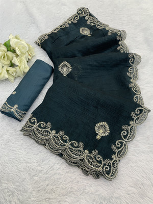 Zari and Ziba Embroidered Bollywood Jimmy choo Saree(Dark Blue)