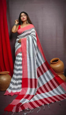 SABITA CUSTOMERY Self Design Handloom Cotton Blend Saree(White, Red, Black)