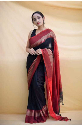 Pal Handloom Self Design Handloom Cotton Blend Saree(Black)