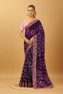Damru trendz Digital Print Bandhani Georgette Saree(Purple)