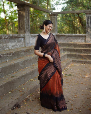 V V FASHION Woven Banarasi Pure Silk Saree(Orange)